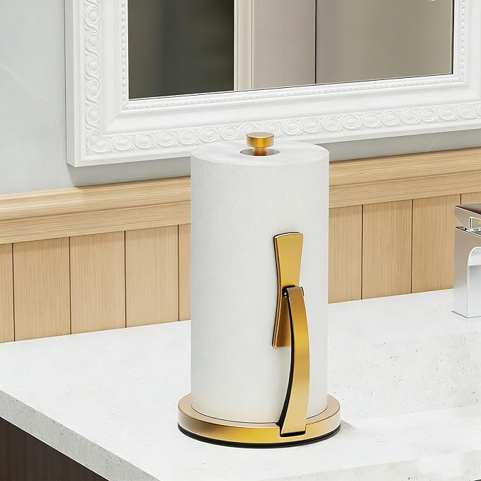 VEHHE Gold Paper Towel Holder Countertop, One-Handed Tear, Stainless Steel, Stand Paper Towel Holder with Spring Activated Arm & Non Slip Weighted Base, for Kitchen Bathroom