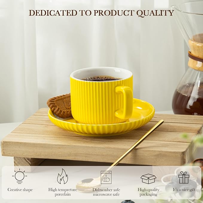5 Ounce Espresso Cups Set of 4, Small Coffee Cups with Saucers and Spoons, Yellow Ceramic Demitasse Espresso Mugs