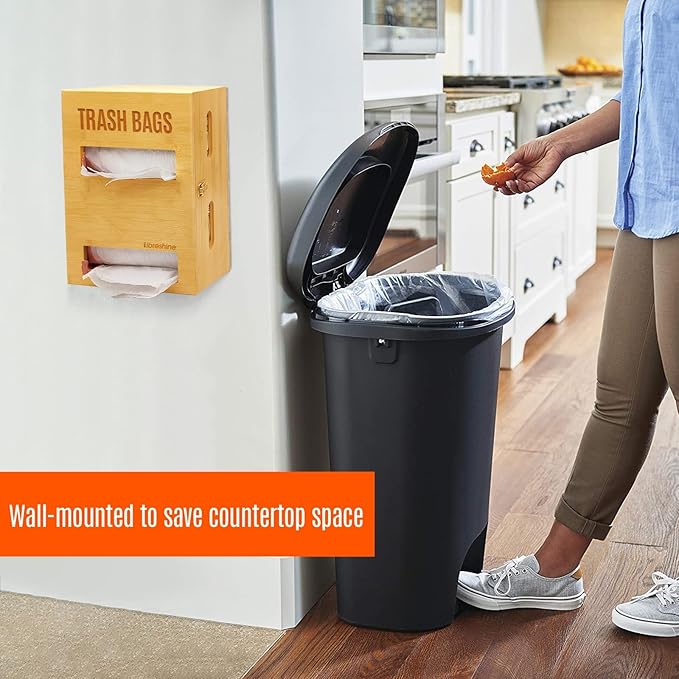 Libreshine 2-in-1 Extra Large Bamboo Trash Bag Dispenser Holder - Wall Mount Garbage Bag Organizer for Costco/Sam's Club Rolls, Space-Saving Kitchen/Pantry/Laundry/Garage Storage with Non-Slip Base