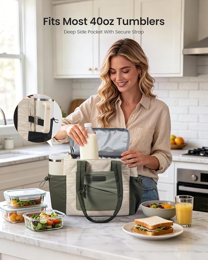LOVEVOOK Lunch Box for Women, Quilted Insulated Lunch Bag Tote with 40oz Water Bottle Holder, Large Leakproof Cooler Bag for Women with Shoulder Strap, Work Office Nurse Teacher Picnic Travel