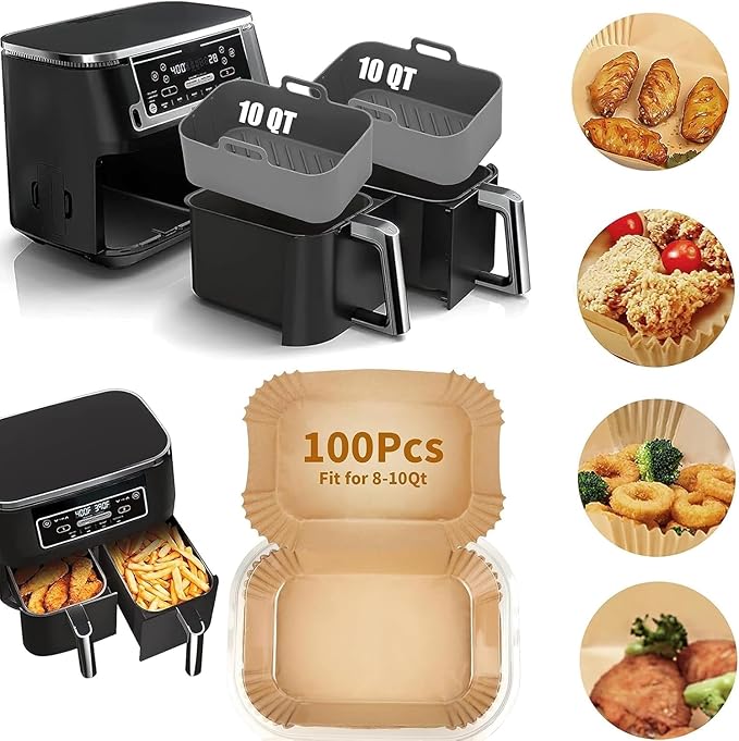 MMH 100Pcs Air Fryer Disposable Liners+ 2Pcs Silicone Liners Sets for Ninja DZ401/DZ550/SL401 10Qt, Rectangular Air Fryer Inserts Accessories for Cosori 9QT Dual Basket, Parchment Paper Liners