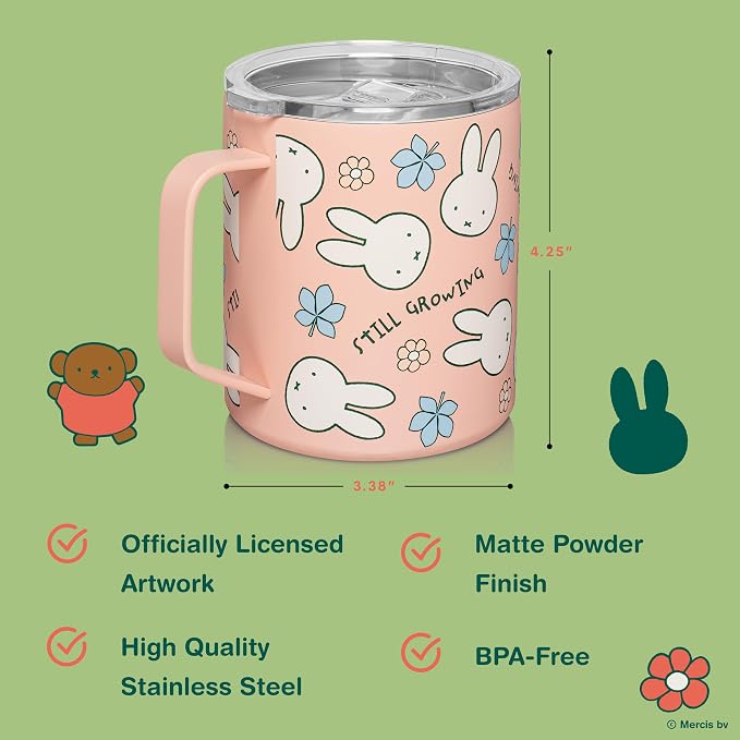 Dragon Glassware | Miffy Stainless Steel Camp Mug with Lid, 12 oz - Pink | Nijntje Insulated Camping Mug For Coffee, Tea, Matcha & Hot Beverages; Miff Mug with Lid