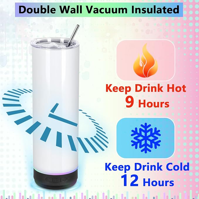 8 Pack 20Oz Music Speaker Tumbler, Skinny Straight Sublimation Tumblers, Stainless Steel Double Wall Insulated Speaker Cup With Detachable LED Light（Black）