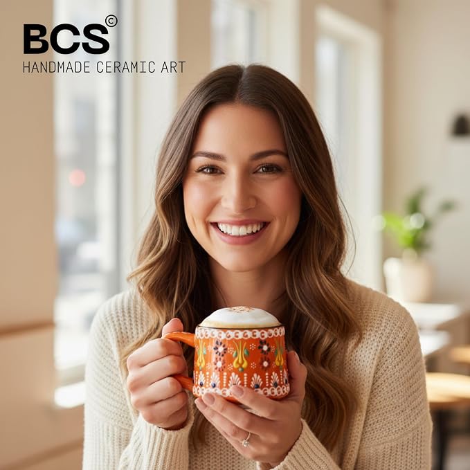 BCS 6 Oz Cappuccino Cups Set of 2, Ceramic Coffee & Tea Mugs, Colorful Handmade Cups, Dishwasher & Microwave Safe Ceramic Mugs (3 Inches, Orange - Green)