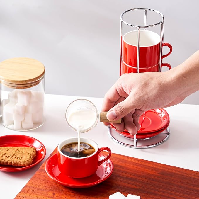 2.5oz Espresso Cups Set of 4, Small Stackable Coffee Cups with Saucers and Metal Stand, Ceramic Demitasse Cups, Cappuccino Cups for Coffee Drinks, Latte, Red