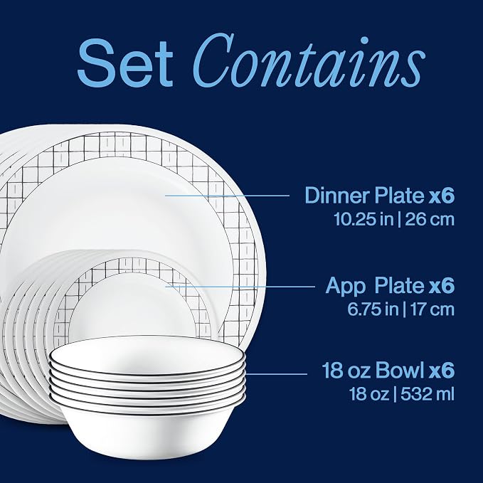 Corelle Vitrelle 18-Piece Service for 6 Dinnerware Set, Triple Layer Glass and Chip Resistant, Lightweight Round Plates and Bowls Set, Delicate Grid