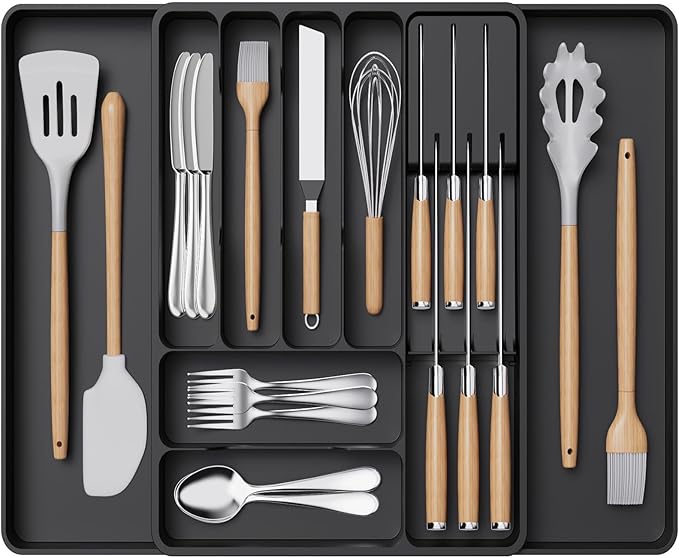 Lifewit Silverware Organizer for Kitchen Drawers, Expandable Cooking Utensil Tray, Adjustable Cutlery and Flatware Holder, Plastic Spoon Forks Holder Storage Divider, Large