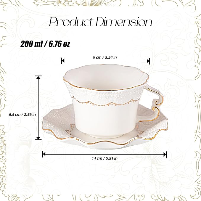 KAMMAK Tea Cups and Saucers Set of 2, 6.4oz Porcelain Coffee Cups with Saucers, Ceramic Espresso Mugs for Coffee, Latte, Americano, Tea, Elegant Teacup and Saucer (YFH16)