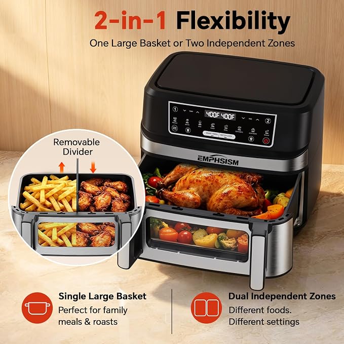 Emphsism 12QT Large Dual Zone Air Fryer with Divider, Match Cook & Smart Finish, Air Fry/Roast/Bake/Toast/Dehydrate/Reheat/Keep Warm/Preheat, Nonstick Dishwasher-Safe Basket, Digital Touchscreen