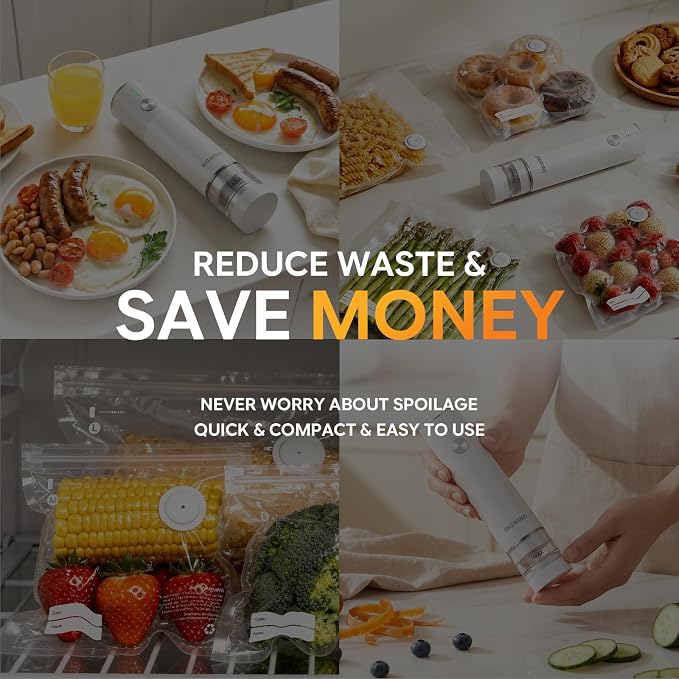 Compact Vacuum Sealer for Food (Vacuum Sealer Machine + 45 Reusable Vacuum Bags) Powerful Portable Vacuum Sealer with Detachable Visible Reservoir, Handheld Food Vacuum Sealer for Travel & Kitchen