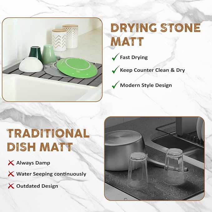Foldable Stone Dish Drying Mat for Kitchen Counter, 24” x 16” Large Diatomaceous Earth Quick Dry Mat, Absorbent Sink Tray with Brush for Dishes, Cups, and Bottles