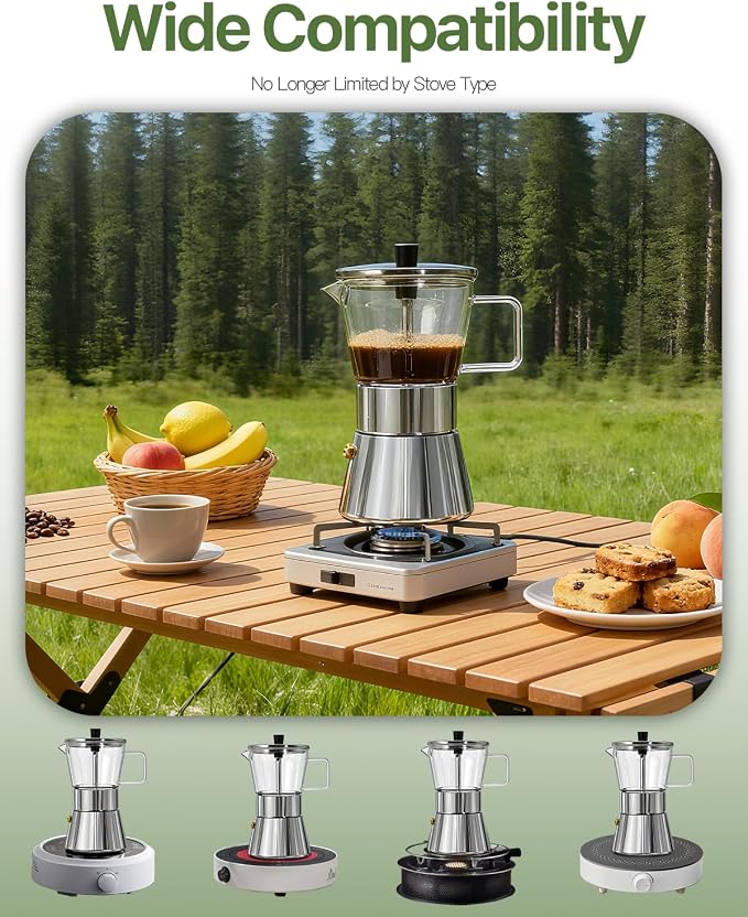 Grasseed Crystal Glass-Top Moka Pot, Polished Stainless Steel Stovetop Espresso Maker for Italian Coffee, Gift for Coffee Lovers - 6 Cup/240ml/8.4oz