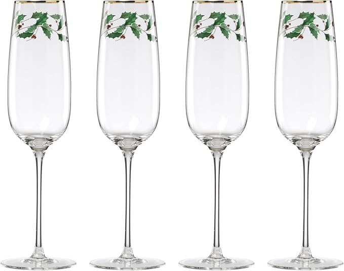 Lenox Glassware, Holiday Decal Flutes, Set of 4, 11-Ounce Capacity, Made From Glass, Flutes, Drinking Glasses Set, Home And Kitchen, Champagne Flute, Champagne Glasses (Clear, 4 Piece)