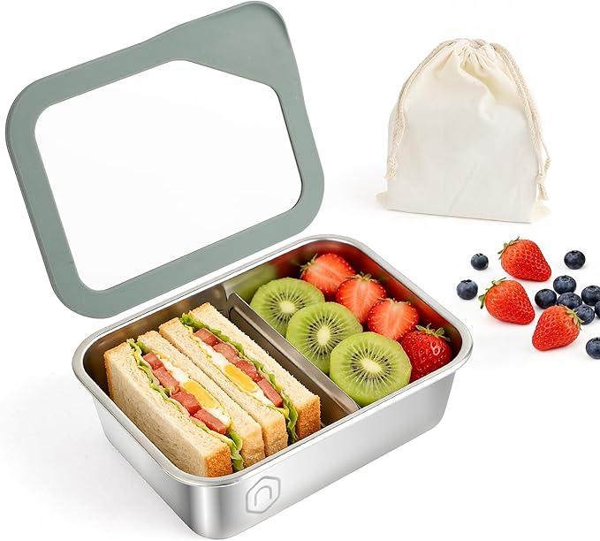 Stainless Steel Bento Box for Kids Adults, 1200ml/40oz with Removable Divider, Airtight Leak Proof Glass Lid, Freezer & Dishwasher Safe Lunch Box (40.58oz)