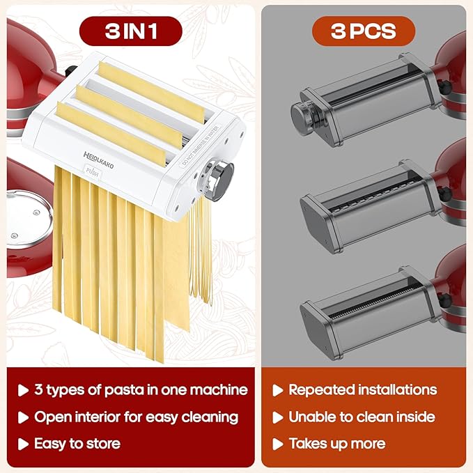Pasta Attachment for KitchenAid Stand Mixer, 3 in 1 Set Pasta Maker KitchenAid Attachment Includes Spaghetti Cutter, Pasta Sheet Roller and Fettuccine Cutter, Attachment for Kitchen aid Mixers