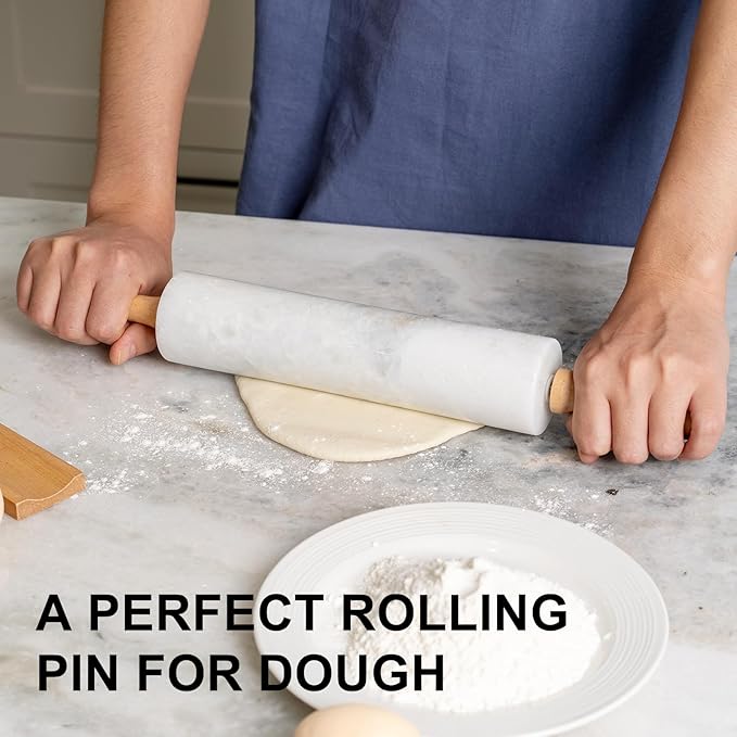 Koville White Marble Rolling Pin With Wooden Handles & Wood Cradle, 18 Inch Polished Marble Rolling Pins For Making Pizza Dough, Dough Roller For Pie Crust, Cookie, Pasta, Ergonomic Handles