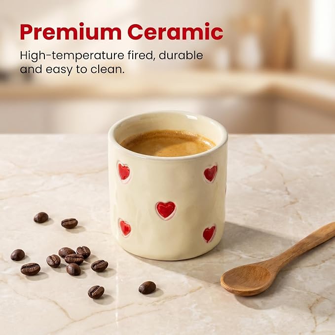 Espresso Cups Set of 4-5oz Ceramic Demitasse Cups with Red Heart Dots, Textured Non-Slip Surface for Grip, Small Coffee Mugs for Espresso, Latte, Cappuccino Home Barista, Dishwasher Safe