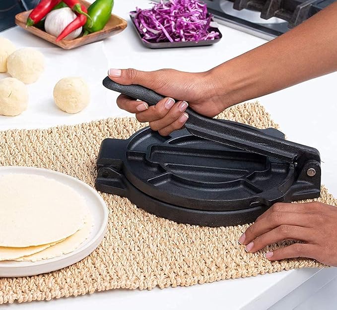 Cast Iron Tortilla Press 12 inch, Heavy Duty Tortilla Pataconera, Flour Tortilla Press with Foldable Handle, Taco press with Some Parchment Paper, Roti Maker, Black