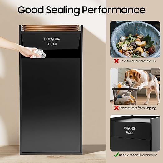 30 Gallon Commercial Trash Can, Wooden Trash Can Cabinet with Tray Holder Garbage Can withTrash Bag for Restaurants, Cafes, Kitchens, and Offices, Durable Garbage Receptacle (Black)