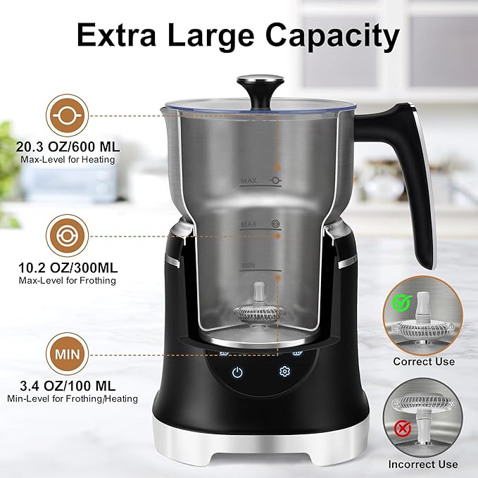 7-IN-1 Milk Frother, 20.3 OZ Milk Frother and Steamer with Temperature Control Stainless Steel Electric Milk Frother Dishwasher Safe Hot and Cold Foam for Latte Hot Chocolate Cocoa (Black)