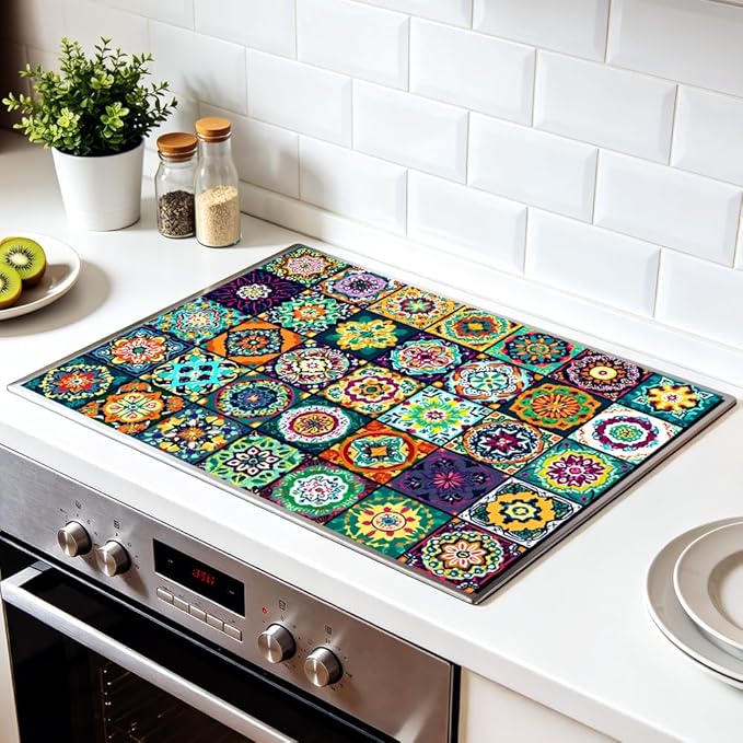 Stove Top Cover for Electric Stove 28.35 x 20.47 Inch Non Slip Stove Mat Colorful Mosaic Tile Glass Cooktop Protector Kitchen Counter Mat