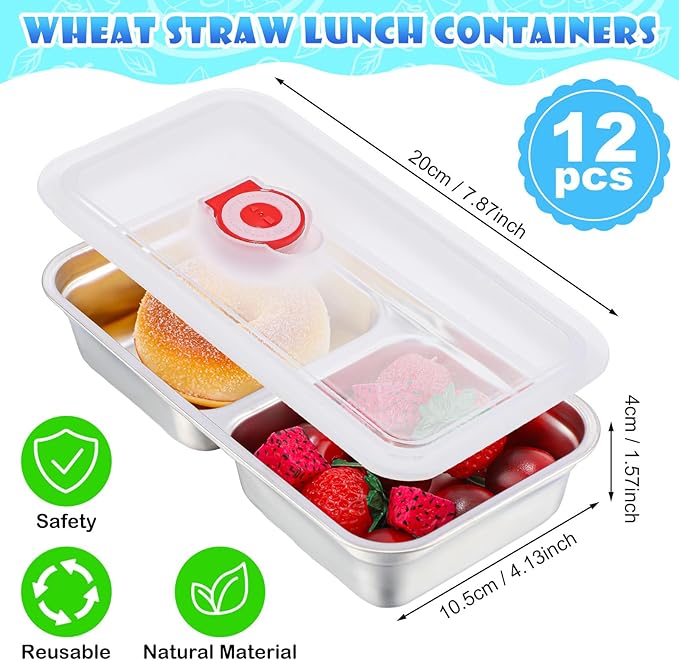 Teenyyou 12 Pcs Stainless Steel Snack Containers 30 oz 2-compartment Meal Prep Containers Reusable Metal Divided Bento Box with Silicone Lids Leakproof Lunch Box Dishwasher Safe (White)