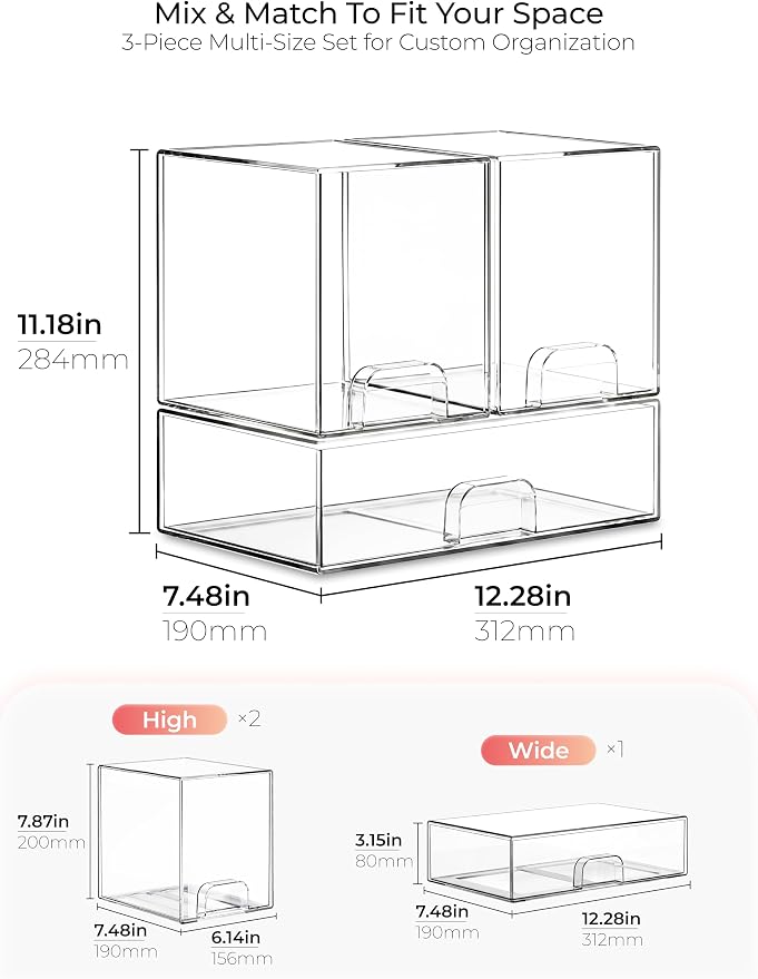 Stackable Storage Drawers Organizer Set of 3 for Bathroom Organizer Storage | Clear Plastic Organizer Bins for Baby Bottle, Kitchen Under Sink, Laundry, Pantry, Beauty, Cabinet, Medicine, Office Supplies