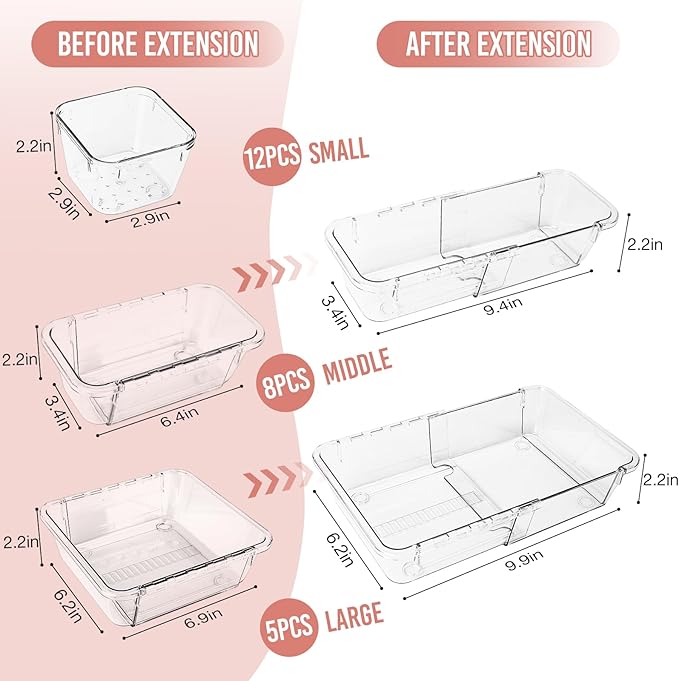 IAMGlobal 25PCS Extendable Clear Drawer Organizer, 3-Size Adjustable Vanity Drawer Organizer for Makeup, Cosmetic, Stackable Acrylic Storage Bins for Bathroom, Kitchen, Office