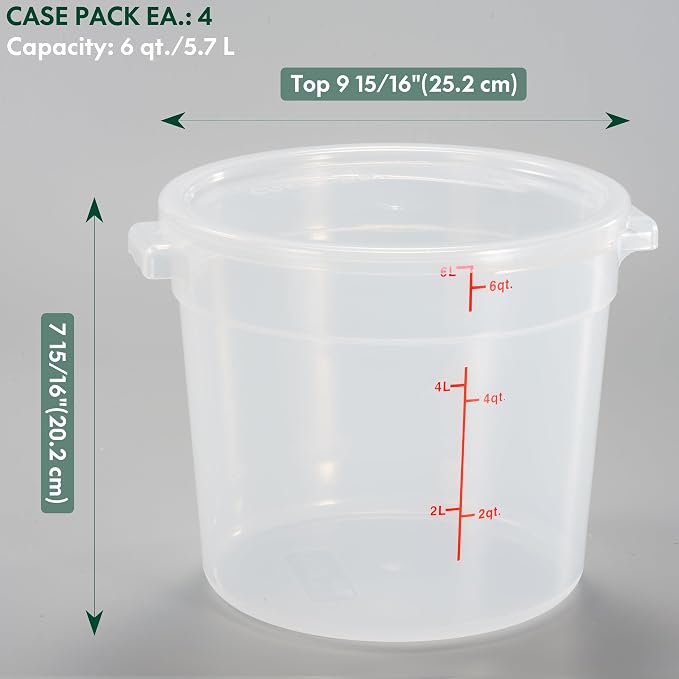 CURTA 6 Quart Translucent Round Food Storage Container with Lid, Pack of 4 – NSF Listed, BPA-Free, Commercial-Grade Polypropylene, Freezer & Dishwasher Safe, Non-Stick, Easy-Read Graduations