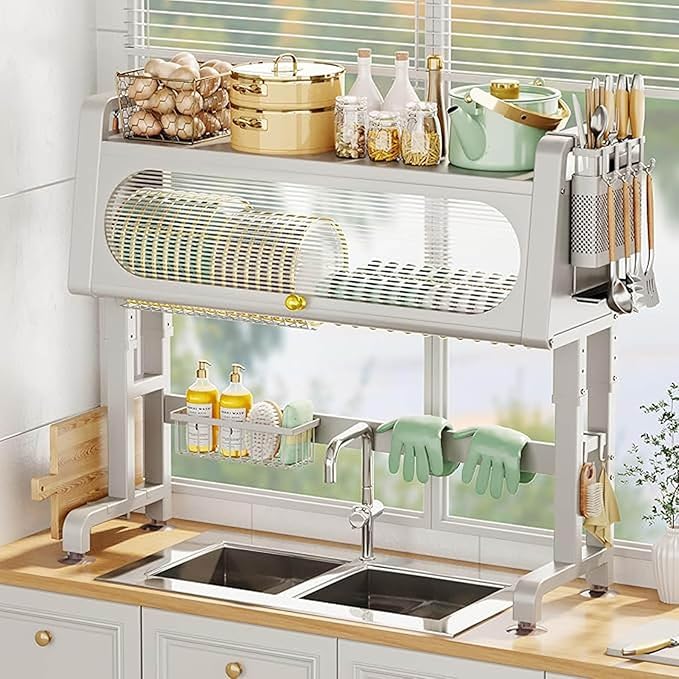 Dish Rack Cabinet Over Sink Standing Dish Drying Rack Dish Drainer Organizer with Adjustable Height Kitchen Large Capacity Kitchen Storage Shelf for Home Kitchen(White)