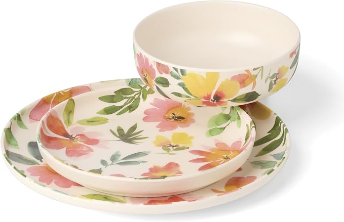 Oneida 24 Seven Melamine Collection, Dishwasher Safe Melamine Dinnerware and Drinkware, Floral Pattern, Dinnerware Set, 12-Piece