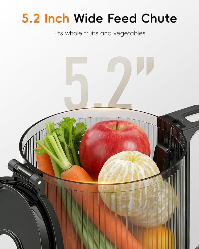 FORLIM Masticating Juicer with Extra-Wide 5.2" Feed Chute, Slow Cold Press Technology for Whole Fruits & Vegetables, BPA-Free & Easy Assembly, Maximum Nutrient Extraction Home Juicer, Metallic Silver