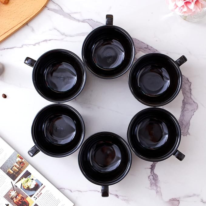 Coffeezone Set of 6 Cups Vintage Design 12 oz Professional Barista Ceramic Latte Art Cappuccino Cups Set (Embossed Black * 6)