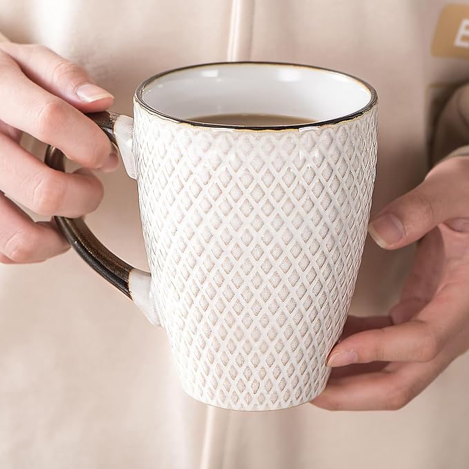 Ceramic Coffee Mug Set - 16 Oz Large Coffee Mugs - Embossed Stoneware Cups with Handle for Latte Tea Cappuccino Cocoa - Microwave Dishwasher Safe - Set of 4 - Square Pattern