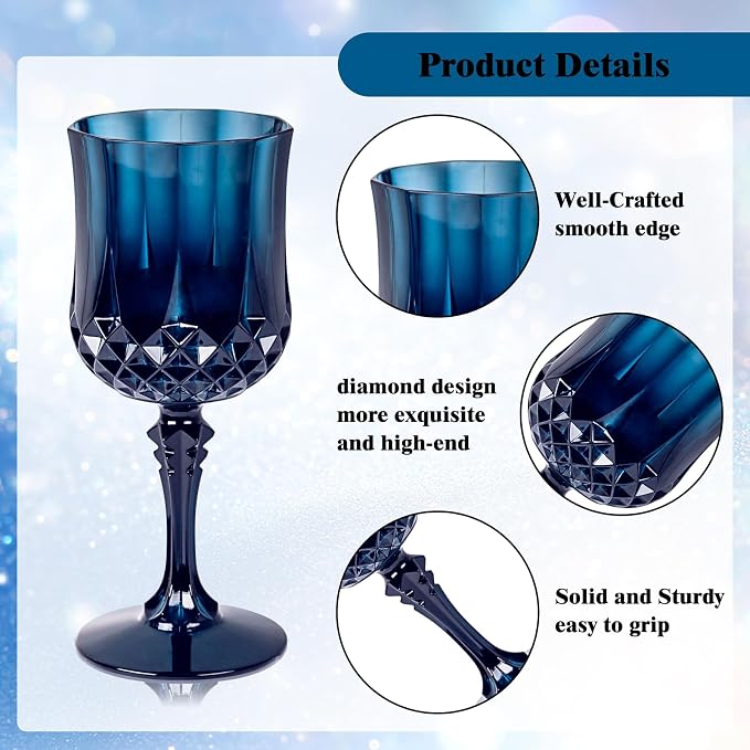 Ciaell 24PCS Blue Plastic Wine Glasses - 7 Oz Plastic Goblets for Party - Blue Vintage Drinking Glasses - Disposable Water Goblets Set for Wedding, Bar, Wine, Beer, Juice