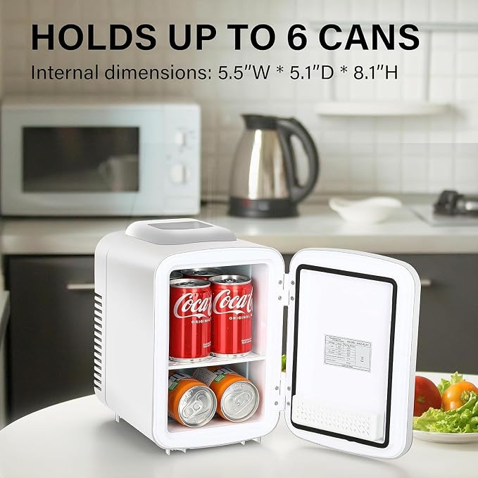 Simple Deluxe 4L/6 Can Mini Fridge, Portable Cooler & Warmer Freon-Free Refrigerator, Provide Compact Storage for Skincare, Beverage, Cosmetics, Bedroom, Office, White