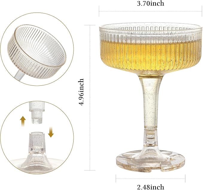 Goodluck 4-Tier Champagne Glasses - 20 PCS 7oz Glitter Gold Plastic Champagne Flutes,Plastic Coupe Glasses with Vertical Stripes for Weddings, Celebrations, Parties & Birthdays