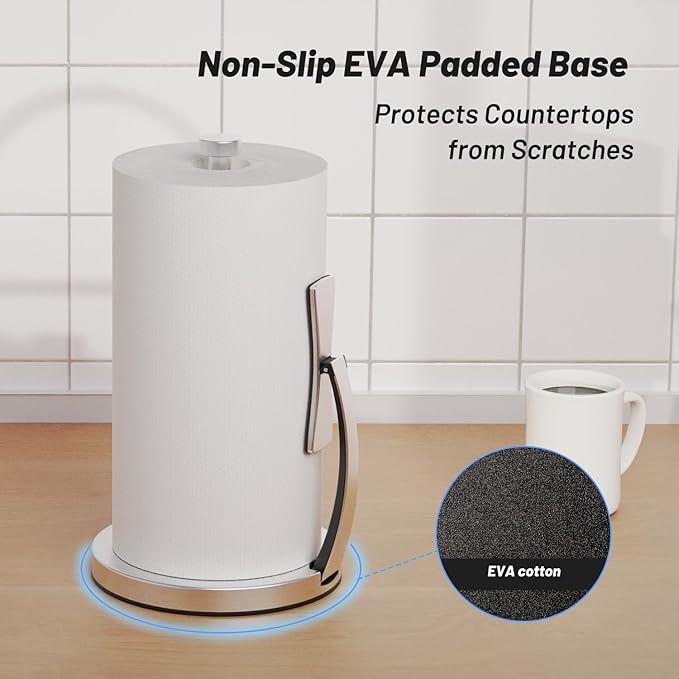 VEHHE Paper Towel Holder Countertop, One-Handed Tear, Stainless Steel, Stand Paper Towel Holder with Spring Activated Arm & Non Slip Weighted Base, for Kitchen Bathroom (Silver)