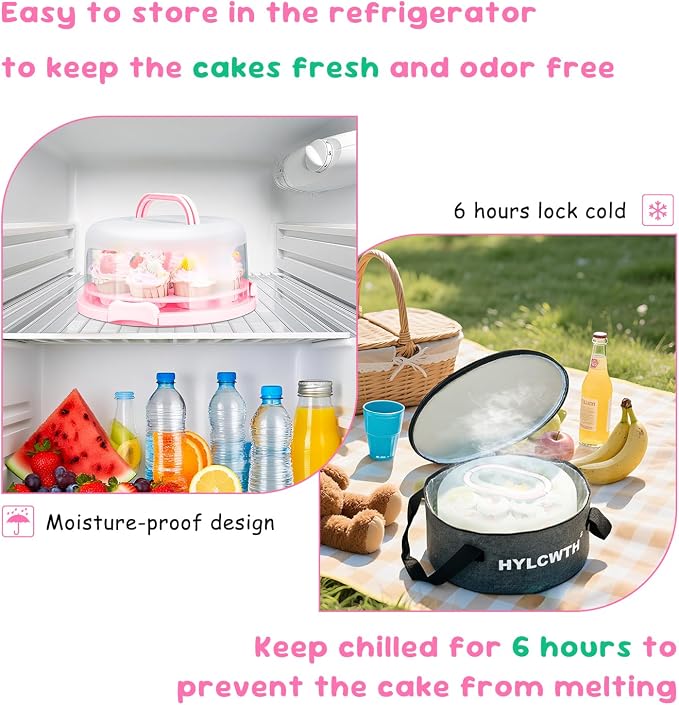 Cake Carrier With Lid And Handle, Bpa-Free Cake Holder With Lid For 10 Inch Round Cake Carrier With 10 pcs Round Golden Cake Boards And Portable Insulated Bag（Pink）