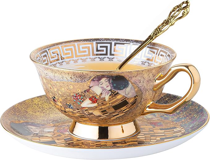 Ebrima Bone China Cup & Saucer Set, European Tea Cup Set with Spoon, Vintage Ceramic Coffee Cups for Home, Kitchen, Wedding, Christmas Gift