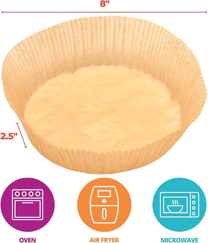 DecoPac 8" Cake Pan Liners, 100 Pack, Non-Stick Siliconized Greaseproof Paper, Round Baking Liner for Cakes and Pies, Parchment Paper Round Air Fryer Liner