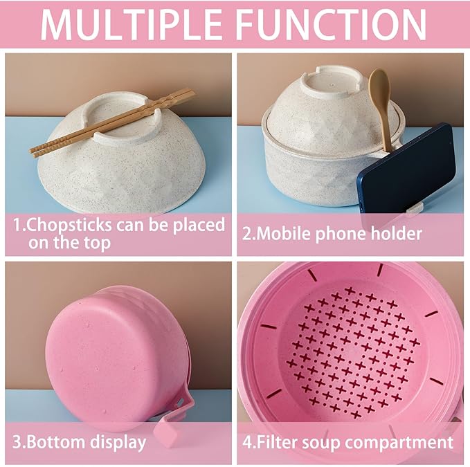 2 Sets Microwave Ramen Bowl 40 oz Wheat Fiber Portable Instant Noodle Cooker Bowl with Handles Strainer Spoon Chopstick Fork College Dorm Room Apartment Essentials(Beige, Pink)
