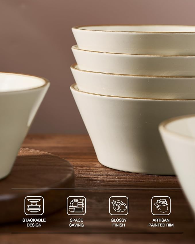 Famiware Saturn Plates and Bowls Dish Sets for 6 (18 Pieces), Stoneware Dinnerware Set with Hand-Painted Trim - Chip & Scratch Resistant, Microwave & Dishwasher Safe Ceramic Dishes, Vanilla White