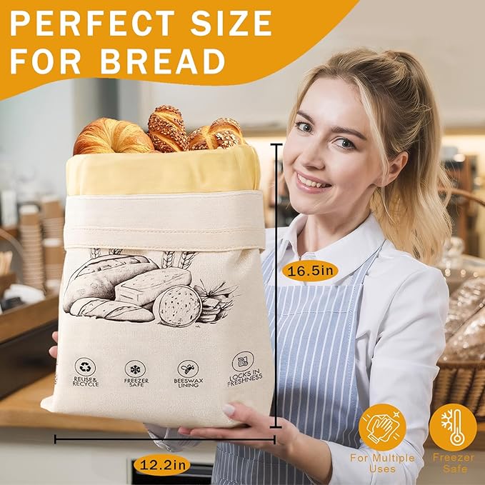 2-Pack Reusable Beeswax Bread Bags for Sourdough & Homemade Bread，Cotton Waxed Bags Keeps Fresh Longer(Amber Wheat)