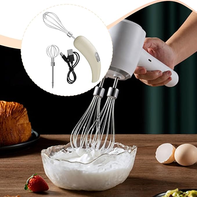 Electric Egg Beater USB Handheld Milk Frother 5 Speed Cordless Cream Mixer Stainless Steel Whisk Heads Suitable for Home Use Kitchen Baki, Beige