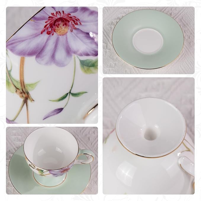 KAMMAK Ceramic Coffee Cups Saucers Set of 2, Porcelain Espresso Cups with Saucers, 7.44 oz Handcrafted Elegant Bone China Tea Cups, Passionflower & Crabapple Blossom Teacup for Party, Women Gift