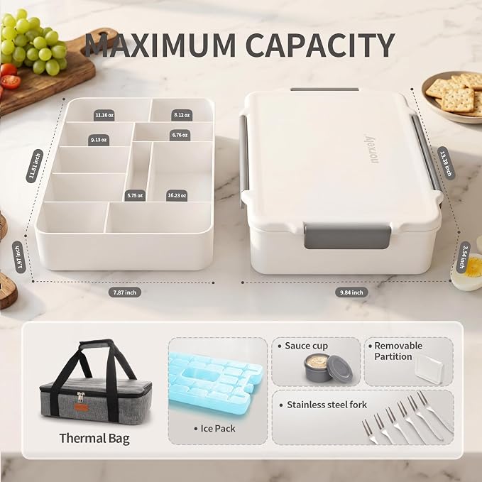 Snackle Box Container with Ice Pack, Reinforced Latches & Large Capacity, Travel Snack Box, Charcuterie Board with Lid, Divided Veggie Tray for Road Trips Picnic Boat Beach White