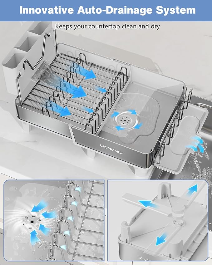 Dish Drying Rack, 304 Stainless Steel Expandable Dish Rack with Adjustable Drain Spout, Large Capacity Dish Drainer with Utensil Holder, Cup Holder and Cutting Board Rack for Kitchen Counter, White