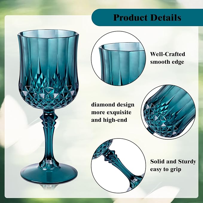 Ciaell 24PCS Green Plastic Wine Glasses - 7 Oz Plastic Goblets for Party - Green Vintage Drinking Glasses - Disposable Water Goblets Set for Wedding, Bar, Wine, Beer, Juice, Cocktail