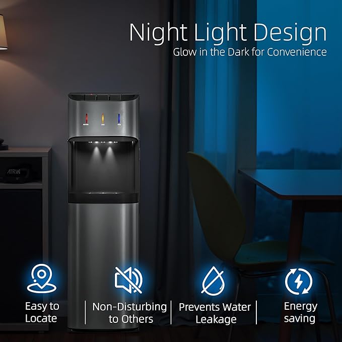 Manastin Bottom Loading Water Cooler Dispenser for 3-5 Gallon Bottles, 3 Temperature - Hot, Cold & Room Water with Child Lock, Ideal Design for Home & Office, Satin Silver